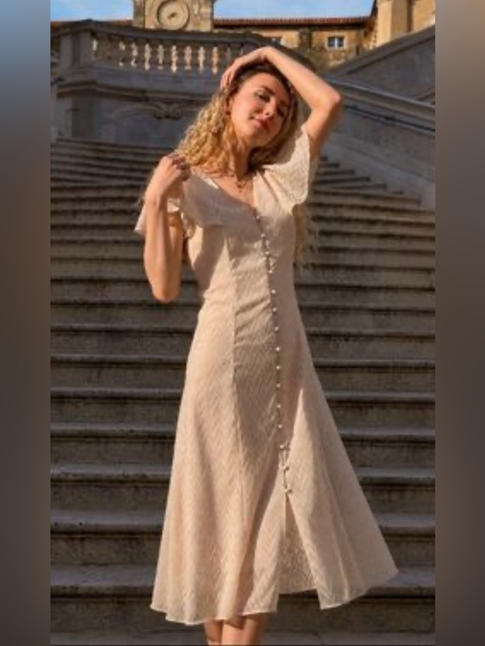 Dex Chevron Princess Flutter Sleeves Light Pink Elegant Button Maxi Dress Medium